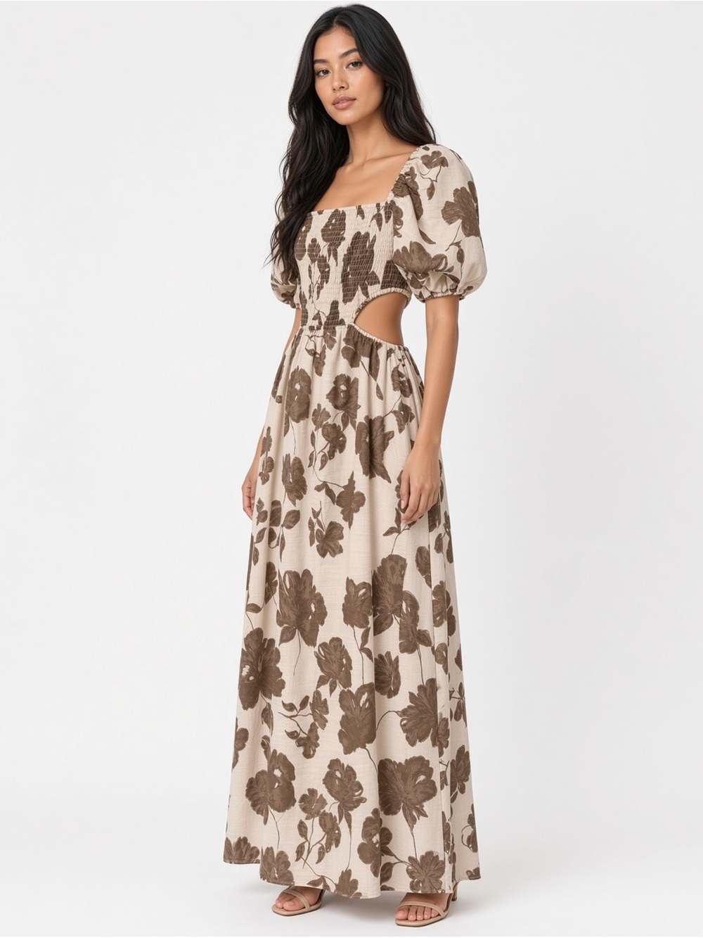 Blush Cream Brown Floral Smocked Puff Sleeve Midi Dress L Square Neck